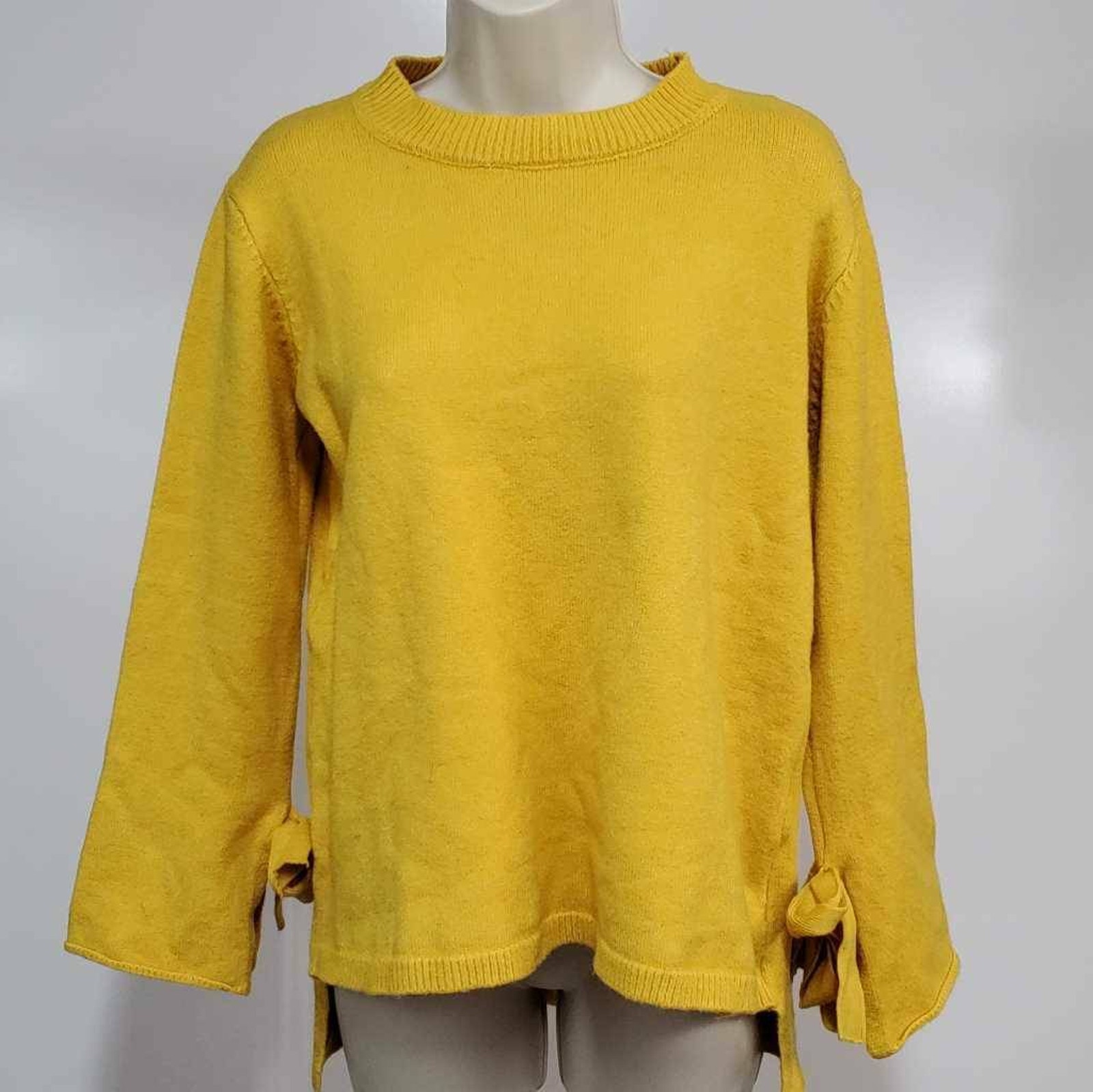 Womens S Hi Low Pullover Sweater Mustard Yellow Ls Crew Neck Side Knot
